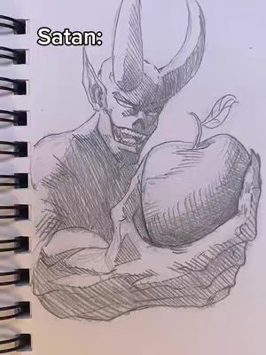 A pencil sketch illustration on a notepad depicts a demonic figure holding an apple. The figure has large horns, pointed ears, and a sinister grin. Text in the upper left corner reads 'Satan:'. The image is drawn in shades of gray.