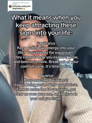 The image features a woman with dark hair looking at the camera. Text overlays detail astrological facts about attracting Sagittarius and Aquarius in one's life. The background is blurred, suggesting a car interior.