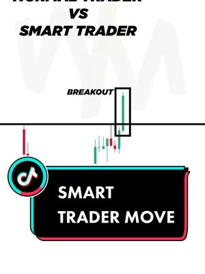 The image is a graphical representation of a trading concept. The background is primarily white with a gray watermarked logo pattern. At the top, the text "NORMAL TRADER" is positioned above "VS" which is above "SMART TRADER". Below this is a candlestick chart showing a price breakout; a green candlestick is highlighted. A black rectangular box along the bottom states "SMART TRADER MOVE" with a green and red outline and the TikTok logo on the bottom left. The overal design uses clean fonts and bold colors making it easily readable