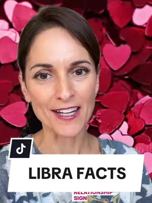 The cover image features a woman with brown hair, smiling towards the camera. She is set against a backdrop of red and pink heart-shaped confetti, with a white banner at the bottom that says 'LIBRA FACTS'. The TikTok logo is in the top left corner.