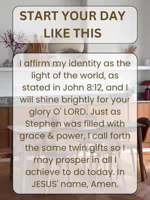 The cover image features a serene interior setting with a table and chairs. The background suggests a well-lit room. Two text boxes overlay the scene with white backgrounds. The text includes an affirmation.