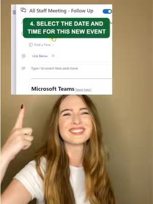 A woman with long light brown hair points at a white computer display set against a plain beige background. The display has a green rectangular text overlay and is positioned above the woman’s smiling face and upper body. The display shows a Microsoft Teams appointment setup with menu items.