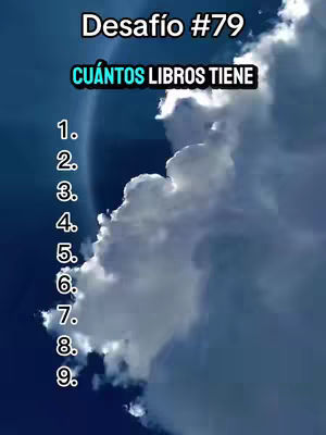 The cover image features a sky with clouds and text overlays of a Bible quiz. The background is a gradient of dark blue to lighter blue with large, fluffy white clouds filling the right side. In the sky, there is a list of numbered list with questions to solve. At the top, the text "Desafío #79" is displayed in white bold font, followed by the question in a green rectangle that says "CUÁNTOS LIBROS TIENE". Below the title, appears a series of numbers from 1 through 9.