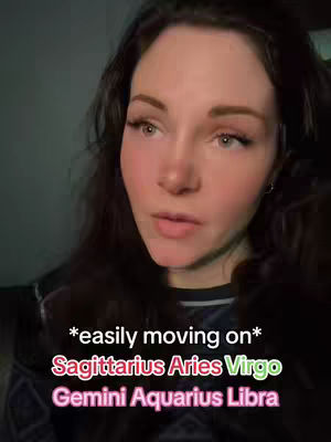 The cover image is a selfie of a young woman with long, dark hair and fair skin. She is looking slightly off-camera with a contemplative expression. Overlayed text includes the phrase '*easily moving on*' and a list of astrology signs, with some highlighted in green and pink. The background is a blurred dark color, likely indoors.