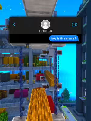 The image is a screenshot of a simulated phone screen showing a text message conversation in a Minecraft-esque city background. A black chat bubble contains the text "hey is this emma?". The background depicts a pixelated city.