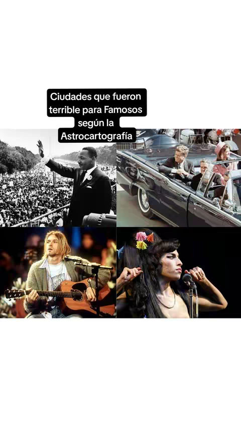 A collage of four historical images. Top left: Martin Luther King Jr. making a speech with a crowd in the background. Top right: John F. Kennedy in a car with his family. Bottom left: Kurt Cobain playing a guitar. Bottom right: Amy Winehouse singing into a microphone.