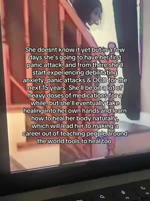 The cover image shows a person standing on a staircase. Text overlays detail the coming events in the person's life.
