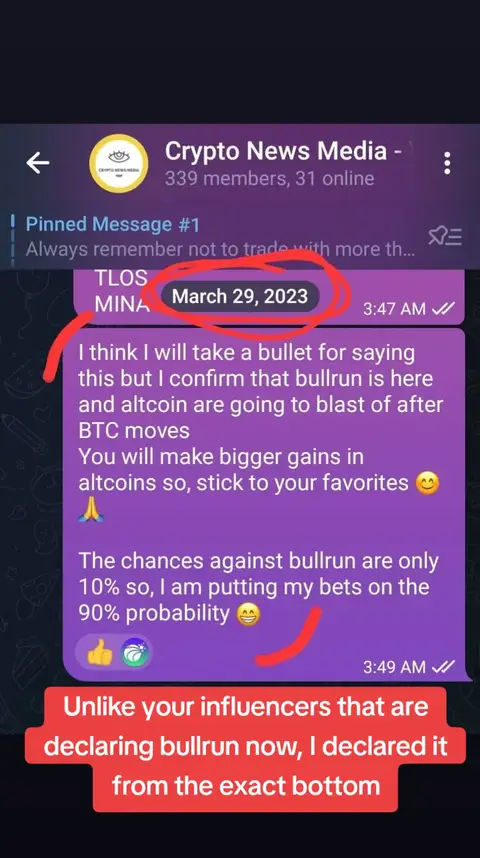 The image is a screenshot of a Telegram chat. The background is a gradient of dark blue to dark purple. In the middle of the image are two purple chat bubbles with text. Added to the image are red circles and lines highlighting specific parts of the conversation. In the bottom part of the screen is a red banner with white text.