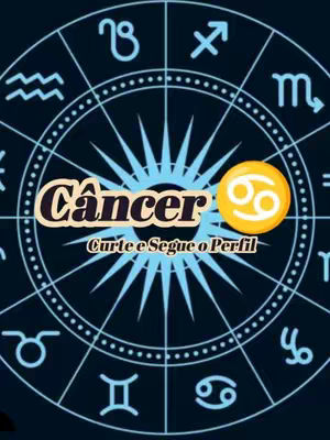 The cover image is a stylized graphic featuring a dark blue background with a repeating pattern of zodiac symbols. In the center, there's a white circle containing a light blue and white graphic resembling a star or sunburst. Overlaid in the center is the word "Câncer" in a bold, stylized font. A smaller, yellow circle with a graphic of the Cancer zodiac symbol is positioned beside it. Below, a banner reads, "Curte e Segue o Perfil". The overall design is clean, with the zodiac symbols and contrasting text elements.