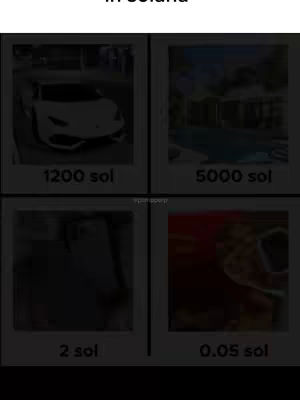 The cover image is a grid of four polaroid-style photos. The top left shows a white sports car with "1200 sol" beneath it. The top right has a blurry image of a pool area with "5000 sol". The bottom left is obscure, labeled "2 sol", and the bottom right shows a close-up with "0.05 sol". The overall effect is a comparison of value.