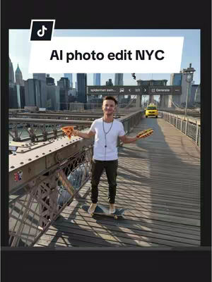 A man stands on a bridge in New York City, holding a slice of pizza in one hand and a hotdog in the other. He is on a skateboard. Behind him is the city skyline and a yellow taxi.