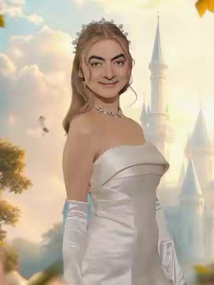 A whimsical image features a face swap of Mr. Bean onto a woman's body, adorned in a white strapless wedding gown and gloves. The background shows a fairytale castle scene in a bright, cartoonish style, with a bright sky. The central figure, with Mr. Bean's face, is posed in a three-quarter view, looking slightly to the side and smiling. A tiara sits atop the head and adds to the bridal theme.