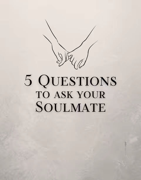 The cover image is a simple design on a light-colored background. A line drawing of two hands, index fingers interlocked, suggesting a promise or connection, is centered at the top. Below the hands, the text "5 QUESTIONS TO ASK YOUR SOULMATE" is displayed in a bold, black font.