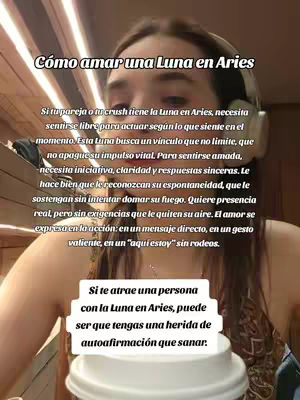 A selfie-style image with the creator, a woman wearing headphones, against a blurred background. Text overlays, in both large and small fonts, provide content on how to love someone with Aries moon sign.