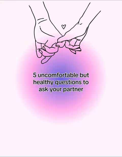 The image features a minimalist illustration of two hands, with each hand’s index finger and thumb touching to create a heart shape, symbolizing togetherness. The hands are drawn in a simple black outline against a gradient background that transitions from pink at the top to purple in the middle and pink again at the bottom. Centered within the gradient is white text: '5 uncomfortable but healthy questions to ask your partner'. The overall effect is clean and romantic.
