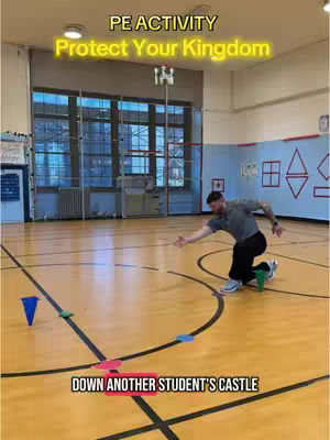 A man in a gym is kneeling on a wooden floor with various cone markers nearby. Text overlays highlight the activity.