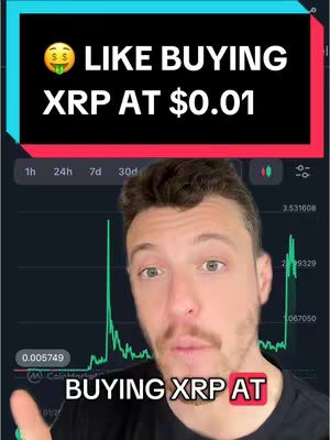 The cover image shows a man in front of a stock chart graphic. Text overlays state 'LIKE BUYING XRP AT $0.01' with related images and text at the bottom.