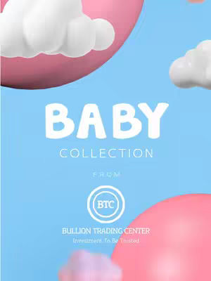 The image is a pastel-colored graphic with a baby-themed design. A light blue backdrop forms the base, overlaid with multiple elements. Large, soft-pink orbs and white, fluffy cloud shapes are scattered across the background, creating a whimsical feel. The words "BABY COLLECTION" are prominently displayed, rendered in a bold, white, rounded font. Below this text, smaller text says "COLLECTION" and "from". Centered beneath is a circular logo featuring "BTC" in a stylized font. Beneath the logo, text identifies "BULLION TRADING CENTER" followed by "Investment To Be Trusted." The overall composition evokes a sense of gentleness and care, suitable for content related to baby products or investments.
