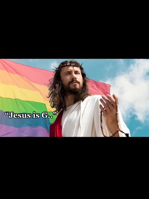 The cover image shows a man dressed as Jesus, wearing a crown of thorns and holding a rosary. Behind him is a rainbow flag. The quote, “Jesus is G..” is displayed.