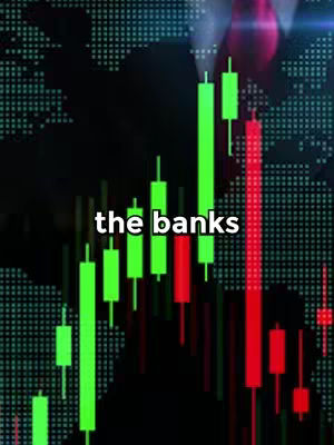 The image shows a stylized representation of a stock chart in shades of green, red, and black.