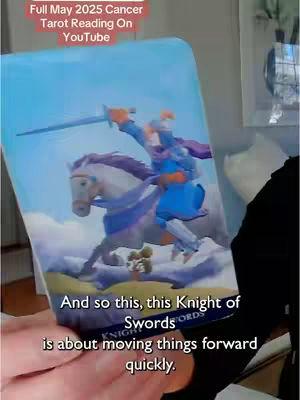 The cover image shows a hand holding a tarot card depicting the Knight of Swords on horseback. Text overlays indicate the video's subject matter and date.