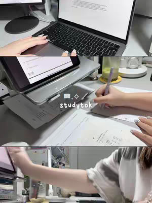 The image is a three-panel collage showing study materials. The top panel focuses on hands using a laptop. The middle panel has a tablet on a stand and a hand writing on paper. The bottom panel captures an arm reaching, with a desktop in view. The common color is a light, clean aesthetic, with gray backgrounds.