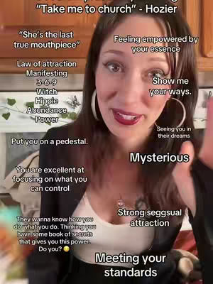 A woman is centered in the frame, looking into the camera with a slight smile. Text overlays featuring different phrases and quotes are arranged around her face.