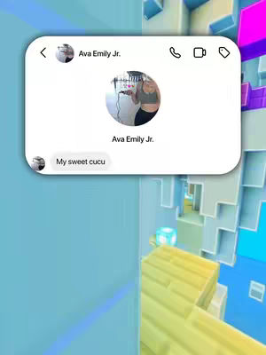 A screenshot of a phone message, with a 3D voxel art background.