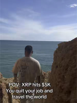 A man stands with his back to the camera, gazing out at the ocean. The image is split vertically with the man and a rock formation on the right. The sky is a pale blue. Text overlayed onto the image suggests a financial theme.