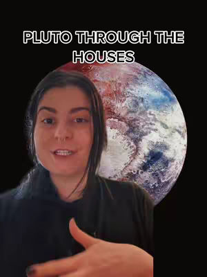 The cover image features a person centered in front of a blurry planet render and a black background. Text overlaid on the image reads "PLUTO THROUGH THE HOUSES". The person is looking at the camera and gesturing with their right hand.