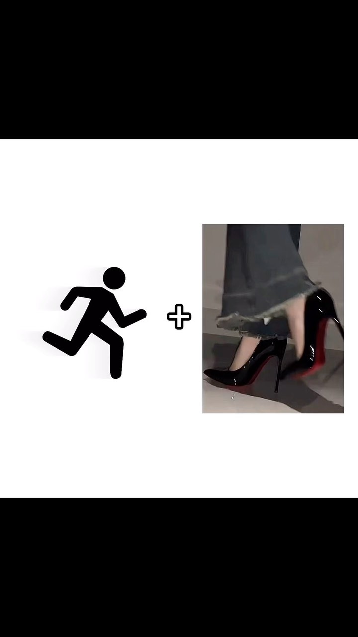 The image is a split composition on a white background. On the left, a black stick figure in the form of a person running is positioned. The right shows a close-up of a person's feet wearing black high-heeled shoes with red soles. There's a plus sign in the center.