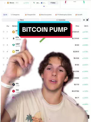 A young man with curly brown hair is pointing upwards with his right index finger. He is wearing a white t-shirt. The background shows a screengrab of a crypto-currency website with the words "Bitcoin Pump" overlaid at the top in a banner.