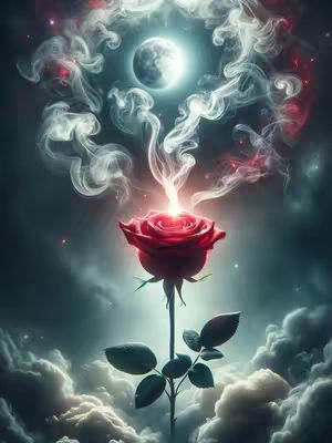 A digitally created image featuring a vibrant red rose at the center. It is set against a backdrop of dark, swirling clouds. Above the rose, a moon is visible surrounded by a luminous aura, and the image has a dreamy and ethereal quality.