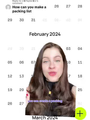 The cover image features a woman in front of a blurred background with a calendar overlay. The woman is centered with dark, wavy hair. The calendar in the background has several dates highlighted and the overlay includes text asking how to create a packing list and branding for the Whereing app.