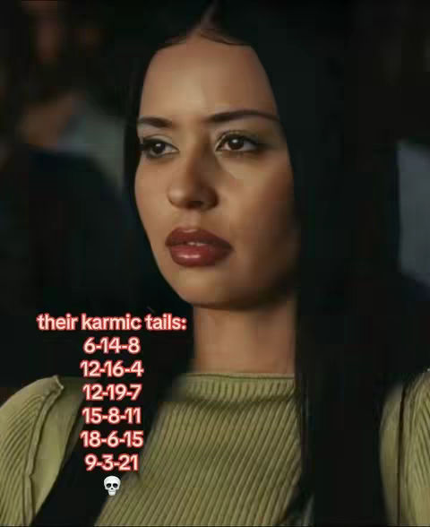 The image features a close-up of a person with dark hair, and red lips. The person is looking off to the side with a slightly questioning expression. Overlayed on the image, at the bottom, are a list of numbers and a skull icon.