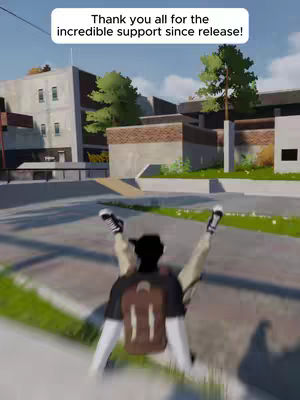 The image shows a parkour practitioner in mid-air, viewed from a slightly low angle. The figure's back is to the viewer, clad in a black shirt and a brown backpack. Legs are splayed, with the person wearing khaki-colored pants and white sneakers. Buildings and trees form a backdrop that appear slightly blurred, suggesting motion. A white rectangular text box at the top reads, "Thank you all for the incredible support since release!"