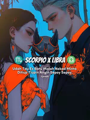 An illustrated image shows two people in a close embrace. The woman, on the left, has dark hair and wears an orange, ruffled top, while the man has light gray hair and a black blazer with orange accents. They are holding a black mask between them, with a blue and aqua background. Text overlays include phrases and zodiac signs.