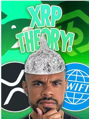 A man wearing a tin foil hat poses with a questioning look. The background is a vibrant green with overlayed shapes and text. Symbols for the XRP cryptocurrency and the "wifi" symbol are included.
