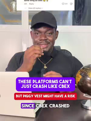 A man with a black cap and black shirt is in a well-lit room. He looks towards the camera, holding something small in his hand. Overlayed on the image are three colored text boxes with white text, discussing financial platforms and risk. A laptop and a globe are visible in the background.