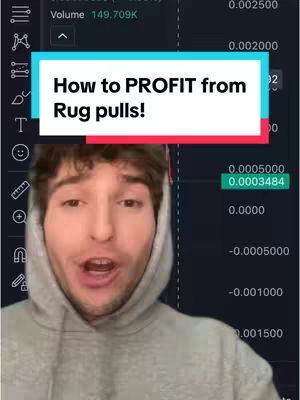 A young man in a gray hoodie is centered in the frame, with text overlays. Behind him is a dark screen possibly displaying a crypto chart. The overlay is a white rectangle, over a red one, that features the text "How to PROFIT from Rug pulls!". The man appears to be speaking directly to the camera, and the lighting is focused on his face and upper body.