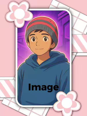 The cover image shows a cartoon-style illustration of a young person wearing a blue hoodie and a striped beanie. They are set against a backdrop that appears to be a blurred interior with purple hues. The image is framed within a white rectangle, with decorative pink elements resembling flowers in the corners and a pink-and-white striped pattern in the background.