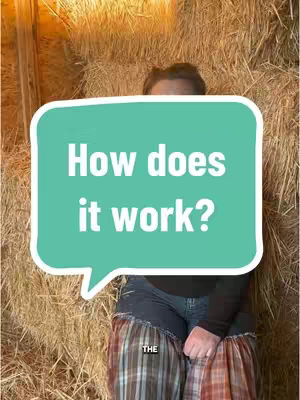 A person stands in front of a wall of hay; a speech bubble with the text "How does it work?" covers most of their upper body.