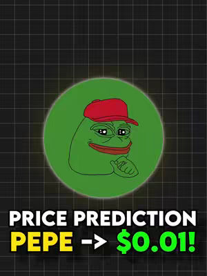 The image features a Pepe the Frog meme wearing a red cap set inside a green circle, overlayed on a dark grid background. Below the circle, text reads 'PRICE PREDICTION PEPE -> $0.01!' in white and yellow, with '$0.01!' in green.