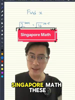 A screenshot of a digital whiteboard with a math equation written in blue on a lined background with the creator in the foreground. There are colored pens and icons at the left side of the image. A red bar with 'Singapore Math' written with white letters overlays the equation with the creator's face in the foreground. Additional text 'SINGAPORE MATH THESE' is written on the bottom of the image in yellow color.