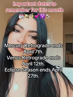 A woman with long black hair is centered in the frame. Text overlays list astrological dates. The background is a soft beige.