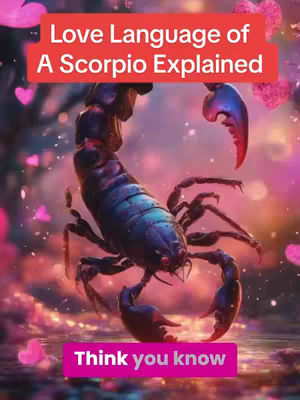 The cover image is a vertical graphic with a dark, blurred background featuring pink and purple hues. In the foreground, a detailed, artistic rendering of a scorpion is depicted with a dark blue body, purple and red claws, and intricate detailing. The scorpion is positioned prominently. Text overlays are added, a solid red box at the top reading, \"Love Language of A Scorpio Explained\" in white, sans-serif font and a solid pink box at the bottom featuring white text \"Think you know\". Floating heart shapes are scattered in the background. The overall design is visually striking, with a celestial feel.
