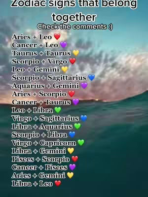 The image features a list of zodiac sign pairings with hearts, set against a blurred ocean background.