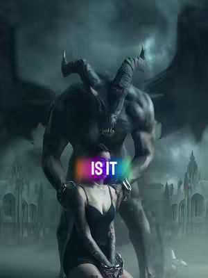 The cover image presents a surreal and ominous scene. A woman in a black dress is kneeling, chained, in front of a skeletal, horned demon-like figure with large wings and a muscular build. The demon has its hands on the woman's shoulders. The text overlay "IS IT" appears in a rainbow gradient across the woman's face. The background shows a dark, foreboding cityscape, likely a Gothic architectural style, further enhancing the spooky atmosphere. The overall color palette is dark, dominated by blues and grays.