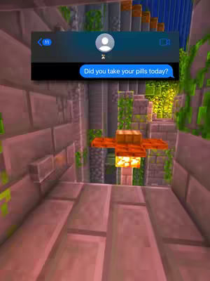 The image features a scene with a Minecraft aesthetic. The image is dominated by beige and pink-toned stone blocks arranged in a multi-levelled structure, suggesting a built environment like a stairway or a corridor. A faux text message overlay floats at the top middle of the image, depicting a chat conversation between two avatars. The message bubble contains the text "Did you take your pills today?", the background shows a decorative light source and foliage.