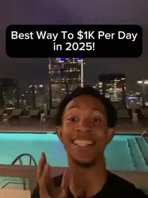 A selfie-style video featuring a young man smiling in front of a nighttime city skyline with a pool in the foreground. A black rectangular overlay at the top of the image contains white text.